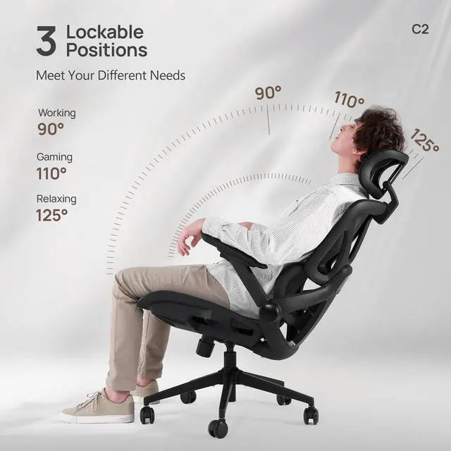 Alt view image 6 of 7 - CabeVibe Ergonomic Mesh Gaming Chair Office Chair with 2D Headrest, Dynamic Lumbar Support, 3 Positions In Black