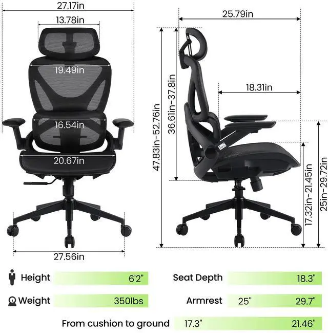 Alt view image 2 of 7 - CabeVibe Ergonomic Mesh Gaming Chair Office Chair with 2D Headrest, Dynamic Lumbar Support, 3 Positions In Black