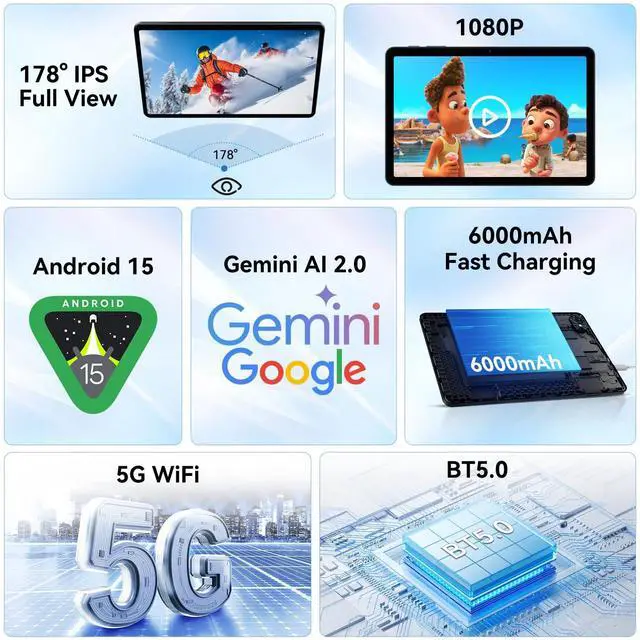 Alt view image 2 of 7 - TABWEE Tablet 10 Inch,Android 15 Tablet,GEMINI AI 2.0 Android tablets|12GB RAM+128GB ROM(TF 2TB)|5G WiFi|120Hz|6000mAh Fast Charging|1080P HD|Bluetooth 5.0|Smart Lens|GPS|2-Year Warranty-Grey