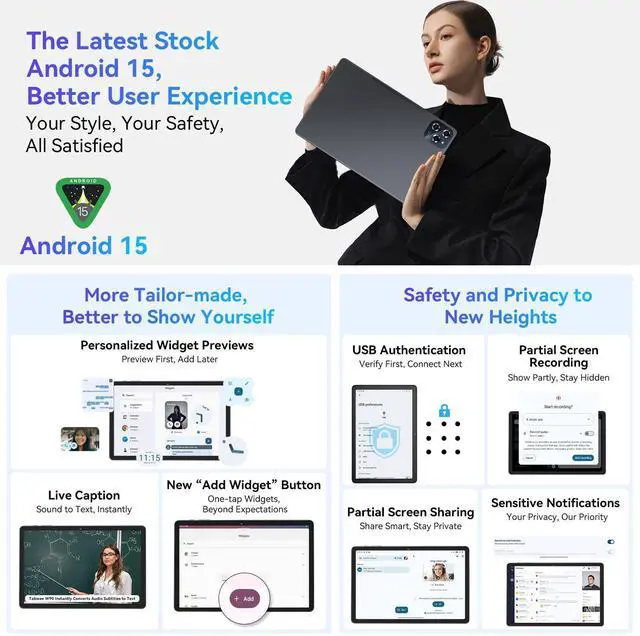 Alt view image 7 of 7 - TABWEE Android 15 Tablet-11 Inch FHD Display, 24GB RAM 256GB ROM /2TB TF, T615 Octa-Core AI Tablets, 8000mAh/18W Fast Charge, 5G WiFi & 16MP Camera, TÜV Certified Netflix HD for Streaming/Gaming