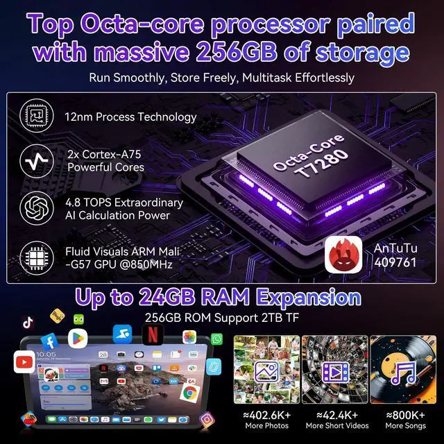 Alt view image 6 of 7 - TABWEE 13 Inch Large Tablet ,Android 15 Tablets With Gemini AI,24GB RAM+256GB ROM, 120Hz, Octa-Core,10000mAh Fast Charge, WiFi6, Large Android Tablet with keyboard And Pen Gaming Office Suite