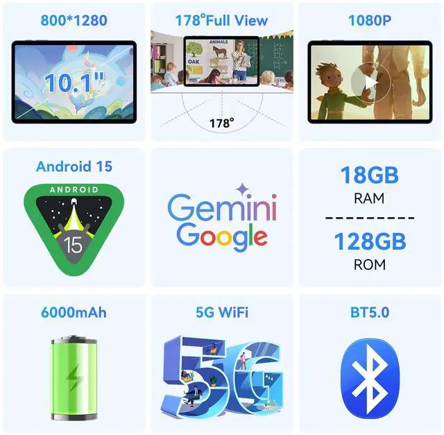 Alt view image 2 of 7 - Tablets, Android 15 Tablet 10 Inch T80, 2025 New Electronics Tablets with Keyboard 18GB+128GB/2TB, 10 Inch Tablet with Pen,  6000mAh, 1080P, 5G WiFi, Bluetooth5.0, GPS, OTG, 2 Speaker