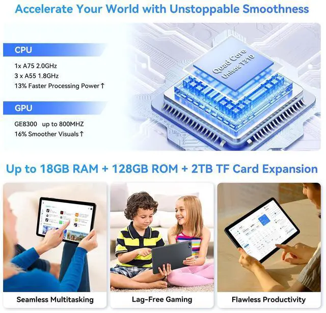 Alt view image 4 of 7 - Tablets, Android 15 Tablet 10 Inch T80, 2025 New Electronics Tablets with Keyboard 18GB+128GB/2TB, 10 Inch Tablet with Pen,  6000mAh, 1080P, 5G WiFi, Bluetooth5.0, GPS, OTG, 2 Speaker