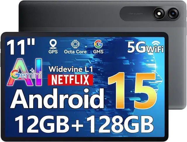 Main image of Blackview Android 15 Tablet 11 inch, Tab 90WiFi with 12GB+128GB Storage(Expand to 2TB), 8200mAh, IPS Display, Widevine L1, 5G WiFi Tablets, 13MP+8MP Camaras/Face ID, Gray