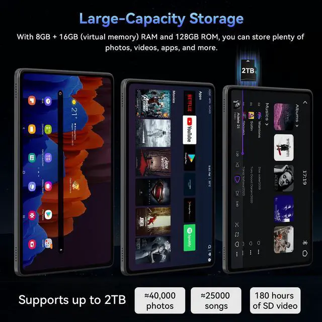 Alt view image 6 of 7 - TABWEE 2025 World's First Android 16 Tablet with Gemini AI, 11 Inch FHD Display, 24GB RAM 128GB ROM /2TB TF, T7280 CPU+13MP Camera, 8000mAh, Widevine L1, 2 in 1 Tablets with Keyboard Mouse Stylus