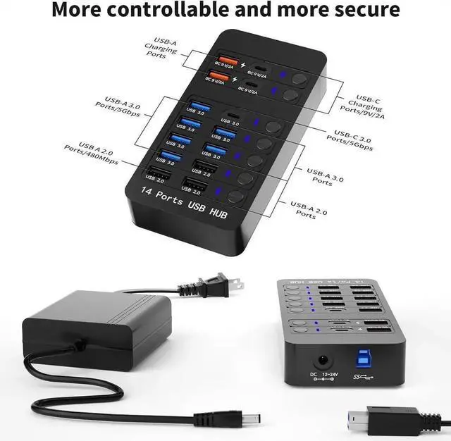 Alt view image 5 of 6 - Powered USB 3.0 Hub, 14 Ports USB Splitter Hub (10 Faster Data Transfer Ports + 4 Smart USB Charging Port) USB Hub with LED Individual On/Off Switches for PC, Laptop, Desktop