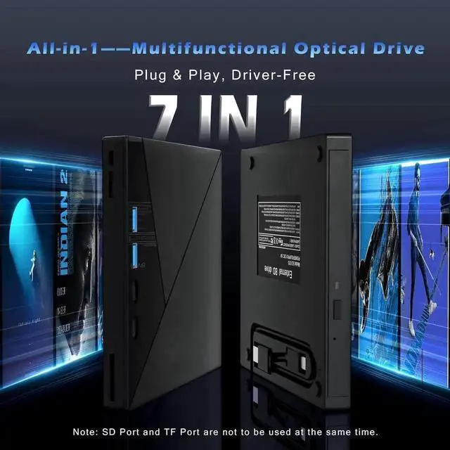 Alt view image 3 of 7 - 7 in 1 External Blu Ray Drive, 4K Blu Ray Burner with USB 3.0 Type-C Portable Blu Ray Drive, CD DVD Burner 3D BD Player with SD/TF Ports, 4K Optical Drive Compatible with Windows, Linux, MacOSdd