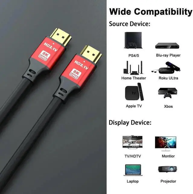 Alt view image 2 of 7 - HDMI Cable 8K@60Hz, 48Gbps High Speed HDMI 2.1 Cord, Ultra HD,Ethernet Audio Return,Video 8K,4K,1080p,3D,Arc, HDR Compatible with Xbox,PS5/PS4,HDTV,Laptop ect(Red) 10Feet