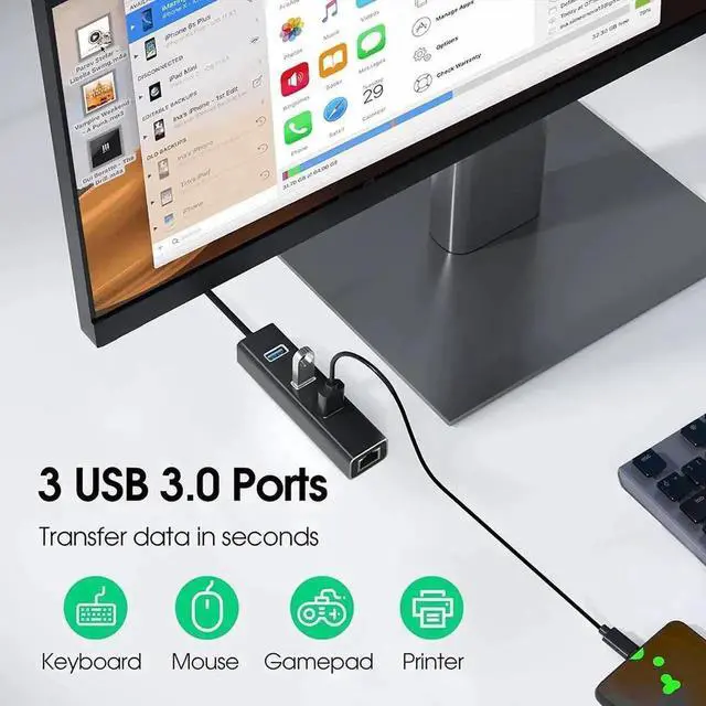 Alt view image 6 of 7 - 3 Ports USB 3.0 Hub with 1000M RJ45 Ethernet Adapter, [4 in 1] USB Hub Splitter for Laptop, Multiple USB Port Extender Hub, Aluminum USB to 1000Mbps Ethernet Adapter USB Expander Hub for Laptops