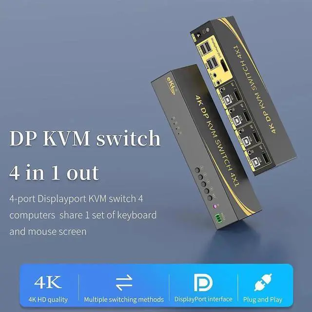 Alt view image 2 of 7 - Displayport KVM Switch, Displayport 4 Port DP 1.2 4x1 Supports 4K @60Hz 4:4:4 hotkey Switching Keyboard Mouse Audio with USB 2.0 Control up to 4 PCs