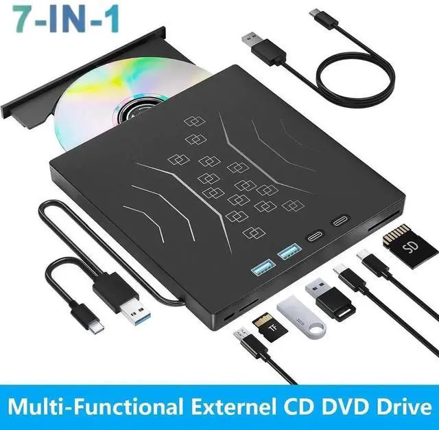 Main image of 7 in 1 External DVD Drive, External CD/DVD Drive USB 3.0 & Type-C, Portable CD/DVD +/-RW Disk Drive, CD/DVD Burner CD ROM External Drive for Laptop Desktop PC Windows 7/8/10/XP Linux Mac OS