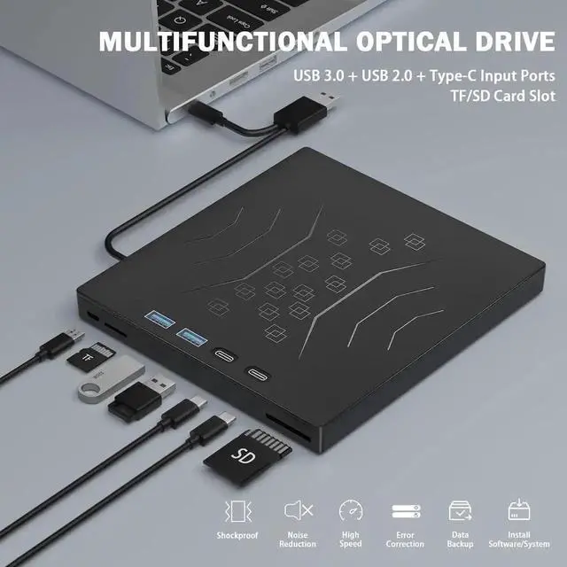 Alt view image 5 of 7 - 7 in 1 External DVD Drive, External CD/DVD Drive USB 3.0 & Type-C, Portable CD/DVD +/-RW Disk Drive, CD/DVD Burner CD ROM External Drive for Laptop Desktop PC Windows 7/8/10/XP Linux Mac OS