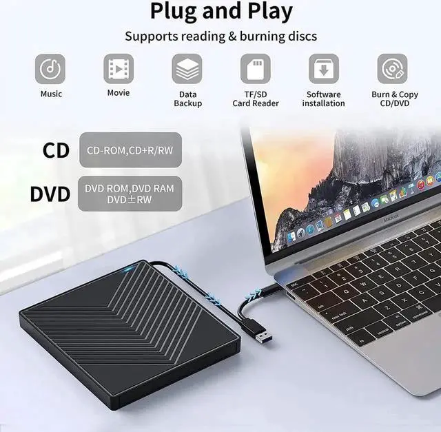 Alt view image 4 of 6 - External DVD CD Drive, USB 3.0 and Type-C External CD/DVD Drive DVD Burner with SD/TF Card Burner and 4 USB, [7 in 1] External DVD Drive for Windows/Linux/MacOS/Laptop/Desktops/PC