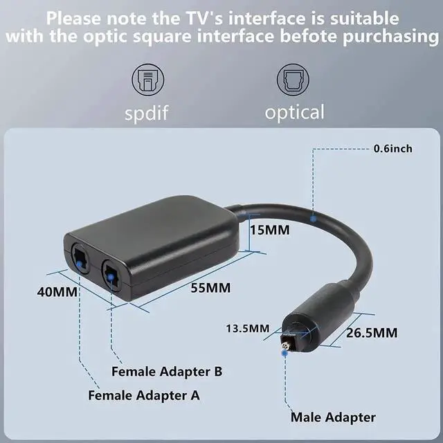 Alt view image 2 of 6 - Optical Fiber Splitter 1 in 2 Out Optical Audio Splitter, Upgraded Fiber Optical Splitter with Connectors for CD Player, DVD Player