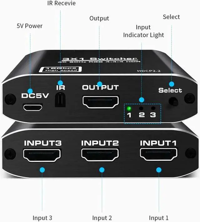 Alt view image 7 of 7 - 3x1 HDMI Splitter Aluminum HDMI Switch 3 in 1 Out with IR Remote Control, Supports 4k@60HZ 3D HD1080P, HDMI Switcher for PS3 PS4 Pro TV