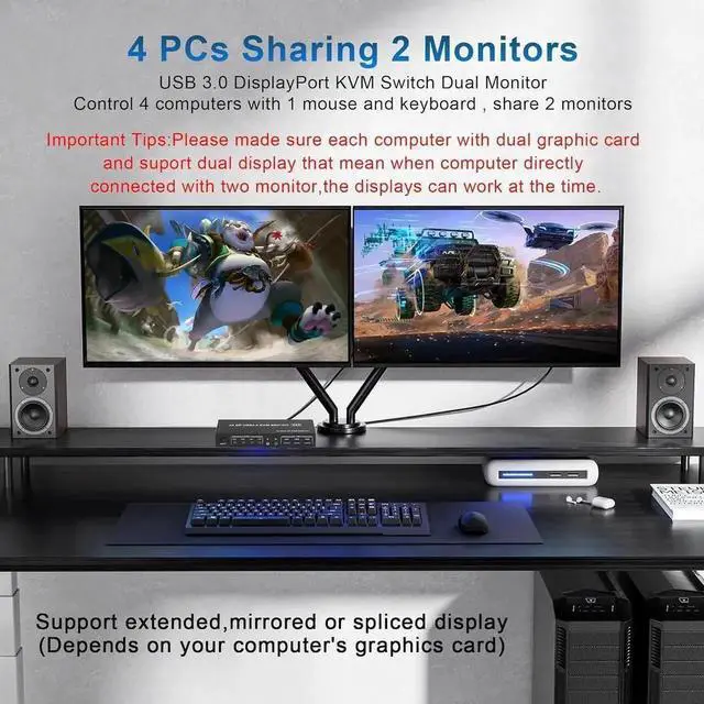 Alt view image 3 of 7 - USB 3.0 Displayport KVM Switch 2 Monitors 4 Computers 4K 60Hz, Dual Monitor Displayport KVM Switch 4 Port with Audio Microphone Output and 3 USB 3.0 Ports, Display Port KVM Switch 4 in 2 Out
