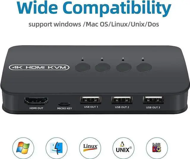 Alt view image 3 of 6 - 4 Ports HDMI KVM Switch, HDMI USB Selector for 4 Computers Share Keyboard Mouse Printer and One HD 4K@30Hz Monitor, Including 4 KVM Cables