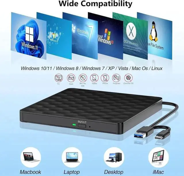 Alt view image 3 of 7 - External CD DVD Drive, Portable Type-C USB 3.0 CD/DVD +/-RW ROM Burner Rewriter External DVD Writer CD Player External Disk Drive for Laptop Desktop PC Windows 11/10/8/7/XP/Linux/Vista/Mac OS