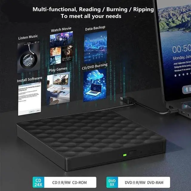 Alt view image 5 of 7 - External CD DVD Drive, Portable Type-C USB 3.0 CD/DVD +/-RW ROM Burner Rewriter External DVD Writer CD Player External Disk Drive for Laptop Desktop PC Windows 11/10/8/7/XP/Linux/Vista/Mac OS
