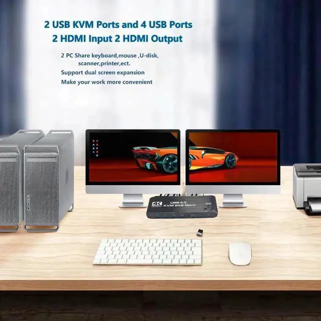 Alt view image 4 of 7 - KVM Matrix Switch 2x2, Dual Monitor USB HDMI KVM Switch with USB 3.0 Hub, 4k@60Hz HDMI Extended Display USB KVM Switcher 2 in 2 Out for 2 Computers Share 2 Monitors, with IR Remote Controller