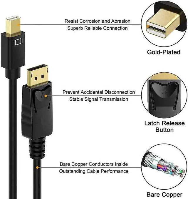 Alt view image 6 of 7 - Mini DisplayPort to DisplayPort Cable, 6 Feet, Gold-Plated Mini DP(Thunderbolt Compatible) to DP Cord (4K@60Hz, 2K@144Hz) Mini DP to DP Display Cable - Black