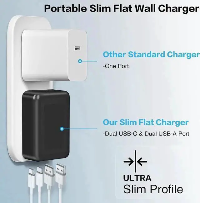 Alt view image 2 of 7 - Flat USB C Wall Charger [3 Pack], Slim Fast Charging Block, 40W 4-Port USB C Charger Block Type C Power Adapter with Foldable Plug Compatible for i-Phone Android Cellphones Tablet PC.. (Black)