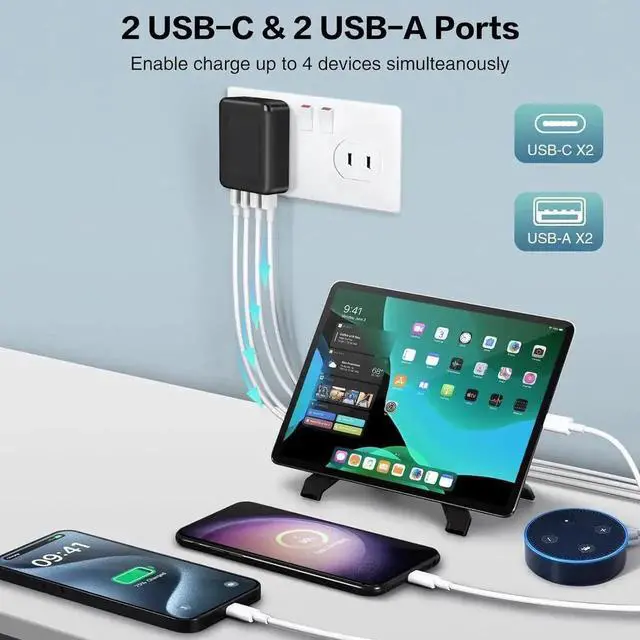 Alt view image 6 of 7 - Flat USB C Wall Charger [3 Pack], Slim Fast Charging Block, 40W 4-Port USB C Charger Block Type C Power Adapter with Foldable Plug Compatible for i-Phone Android Cellphones Tablet PC.. (Black)