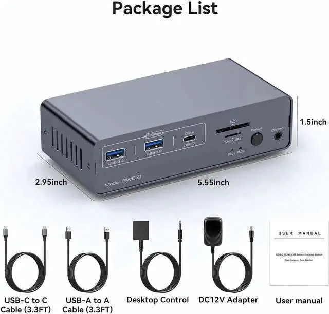 Alt view image 3 of 7 - KVM Switch Docking Station USB C HDMI KVM Switch for 1 Laptop 1 Computer 2 Monitor HDMI 4K60Hz, EDID, Dual Monitor HDMI KVM Switcher for Laptop and PC Share 2 Monitors, 13-in-1 Dock