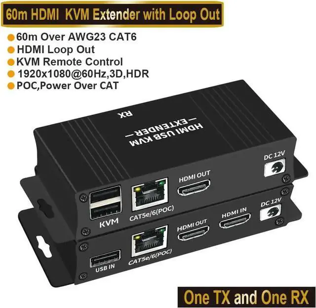 Main image of 60M HDMI KVM Extender over Ethernet Cat5e/6 1080P HDMI USB Extender Video Audio Extension Transmitter Support USB Keyboard Mouse