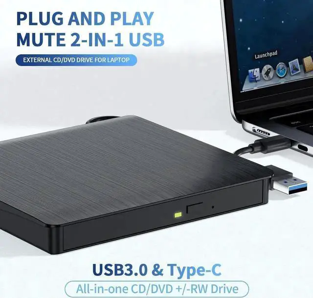 Alt view image 2 of 7 - External CD/DVD Drive for Laptop, USB 3.0 & Type-C External CD DVD Burner, Portable DVD Player for Laptop, Slim External Optical Drive Compatible with Windows 11/10/8/7/XP, Mac, Linux OS