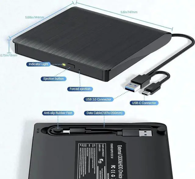 Alt view image 3 of 7 - External CD/DVD Drive for Laptop, USB 3.0 & Type-C External CD DVD Burner, Portable DVD Player for Laptop, Slim External Optical Drive Compatible with Windows 11/10/8/7/XP, Mac, Linux OS