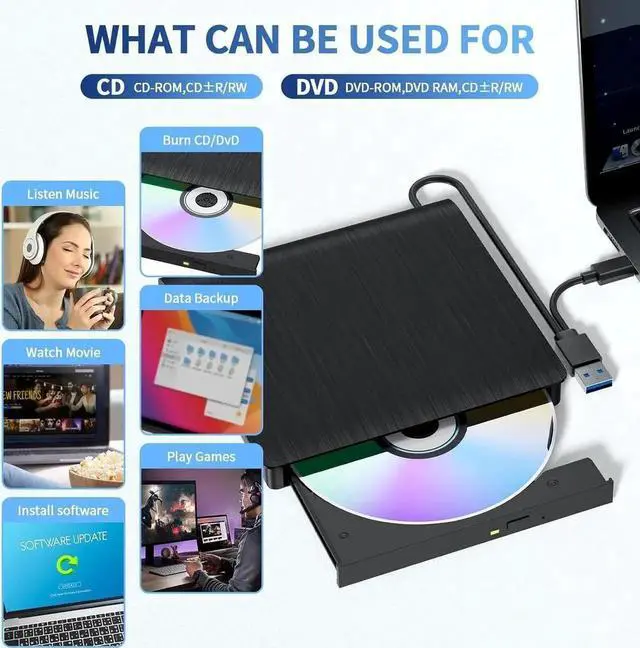 Alt view image 7 of 7 - External CD/DVD Drive for Laptop, USB 3.0 & Type-C External CD DVD Burner, Portable DVD Player for Laptop, Slim External Optical Drive Compatible with Windows 11/10/8/7/XP, Mac, Linux OS