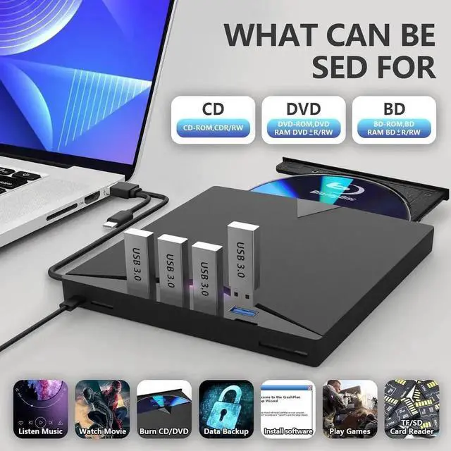 Alt view image 2 of 7 - [7-in-1] External Blu Ray Drive, USB 3.0 Type-C External CD/DVD Drive, 3D Blu Ray CD DVD Drive, DVD/BD Player Read/Write Portable Blu-ray Drive for Laptop Windows PC Mac MacB-ook Desktop
