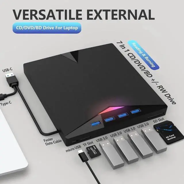 Alt view image 6 of 7 - [7-in-1] External Blu Ray Drive, USB 3.0 Type-C External CD/DVD Drive, 3D Blu Ray CD DVD Drive, DVD/BD Player Read/Write Portable Blu-ray Drive for Laptop Windows PC Mac MacB-ook Desktop