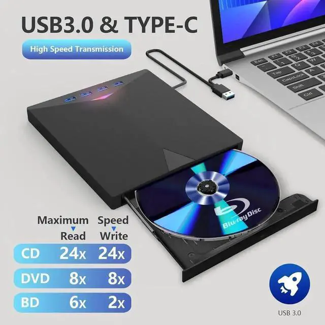 Alt view image 7 of 7 - [7-in-1] External Blu Ray Drive, USB 3.0 Type-C External CD/DVD Drive, 3D Blu Ray CD DVD Drive, DVD/BD Player Read/Write Portable Blu-ray Drive for Laptop Windows PC Mac MacB-ook Desktop