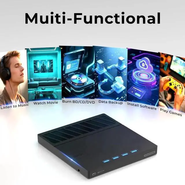 Alt view image 4 of 7 - 7 in 1 External Blu Ray Drive, USB 3.0 Type-C External Blu ray Player, 50GB BD write support, 3D External Blu Ray Burner with 4 USB A&TF/SD Port, External Optical Drive for Windows Linux Mac OS
