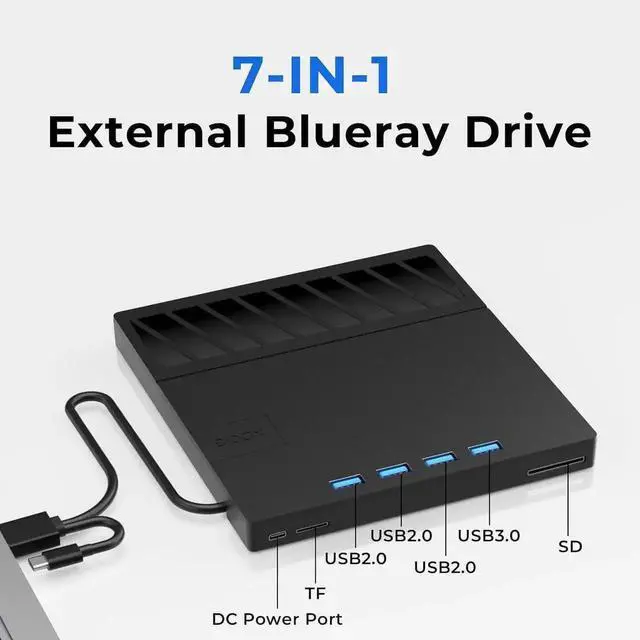 Alt view image 2 of 7 - 7 in 1 External Blu Ray Drive, USB 3.0 Type-C External Blu ray Player, 50GB BD write support, 3D External Blu Ray Burner with 4 USB A&TF/SD Port, External Optical Drive for Windows Linux Mac OS