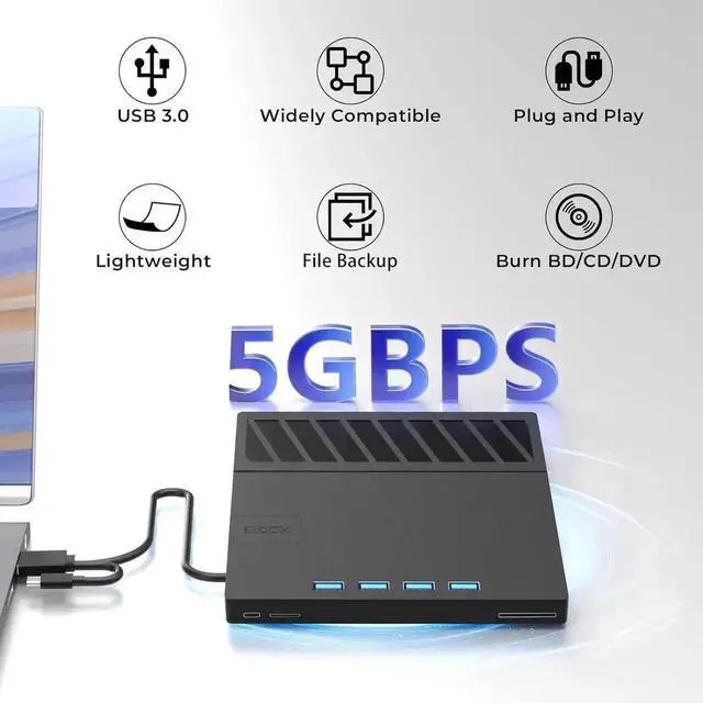 Alt view image 7 of 7 - 7 in 1 External Blu Ray Drive, USB 3.0 Type-C External Blu ray Player, 50GB BD write support, 3D External Blu Ray Burner with 4 USB A&TF/SD Port, External Optical Drive for Windows Linux Mac OS