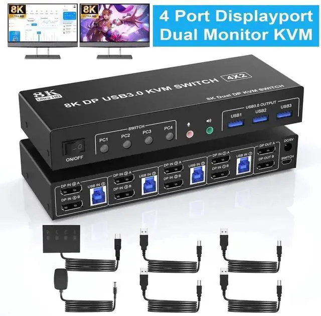 Main image of 8K@60Hz USB 3.0 Displayport KVM Switch for 2 Monitors 4 Computers, Dual Monitor DP KVM Switch with Audio Output and 3 USB 3.0 Ports, 4 Port Dual Monitor Displayport KVM Switch for 4 Computers
