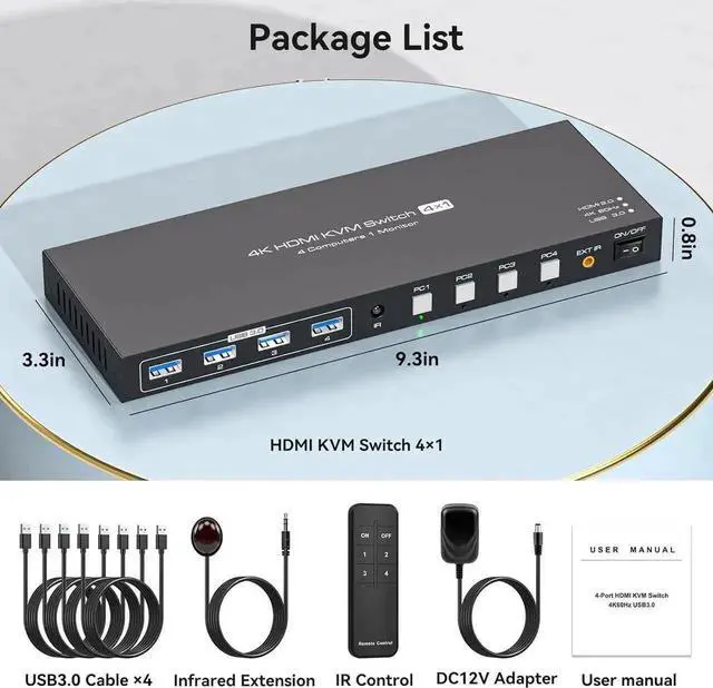 Alt view image 7 of 7 - 4 Port HDMI KVM Switch for 1 Monitors 4 Computers 4K@60Hz, HDMI USB 3.0 KVM Switches, KVM Switch HDMI 4 in 1 Out for 4 PCs Sharing 1 Monitor and 4 USB 3.0 Devices with IR Remote Control