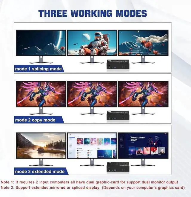 Alt view image 6 of 7 - Displayport USB 3.0 KVM Switch 3 Monitors 2 Computers, DP1.4 Triple Monitor KVM Switch with Audio Microphone Output and 3 USB 3.0 Ports, 8K@60Hz DP KVM Triple Monitor Keyboard Mouse Switcher