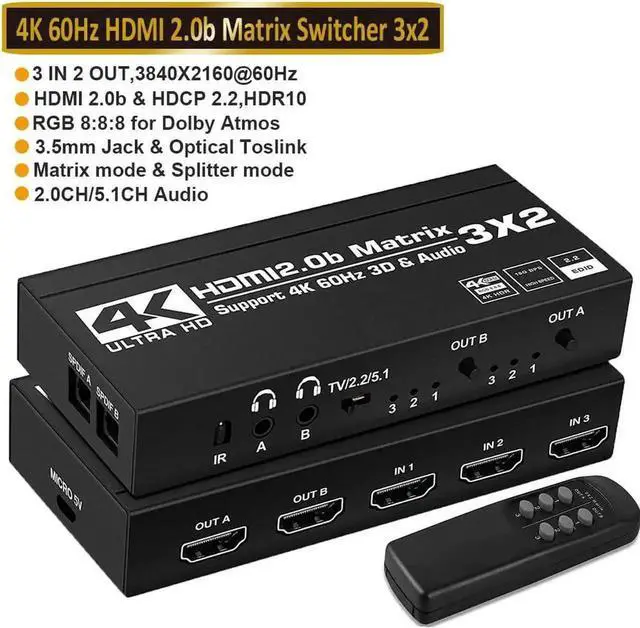 Main image of HDMI Matrix 3x2,4K HDMI Matrix Switch 3 in 2 Out Switcher Splitter Box with EDID Extractor and IR Remote Control, Support Ultra 4K HDR, 4Kx2K@60Hz, 3D/1080P,HDMI 2.0b, HDCP 2.2