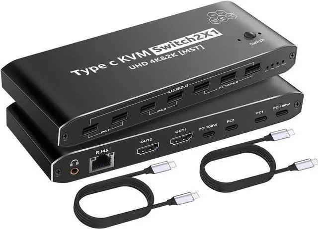 Main image of HDMI KVM Switch, 2x1 Type C KVM Switch with 7 USB-A Ports RJ45 Port PD 100W Ports, Extended Display KVM Switch Supports 4K@60Hz for 1 Monitors 2 Computers, with 2 Thunderbolt USB-C 40Gbps Cable