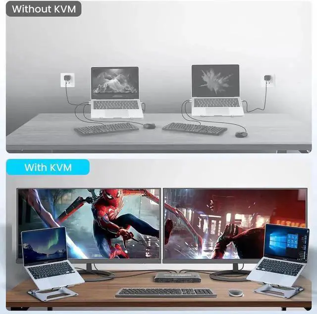 Alt view image 2 of 7 - HDMI KVM Switch, 2x1 Type C KVM Switch with 7 USB-A Ports RJ45 Port PD 100W Ports, Extended Display KVM Switch Supports 4K@60Hz for 1 Monitors 2 Computers, with 2 Thunderbolt USB-C 40Gbps Cable