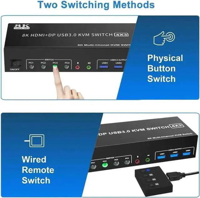 Alt view image 5 of 7 - KVM Switch 3 Monitors 4 Computers 8K@60Hz 4K@144Hz, 2 HDMI +1 DisplayPort Triple Monitor USB 3.0 KVM Switch for 4 PC with Audio and 3 USB 3.0 Ports, KVM Triple Monitor Keyboard Mouse Switcher