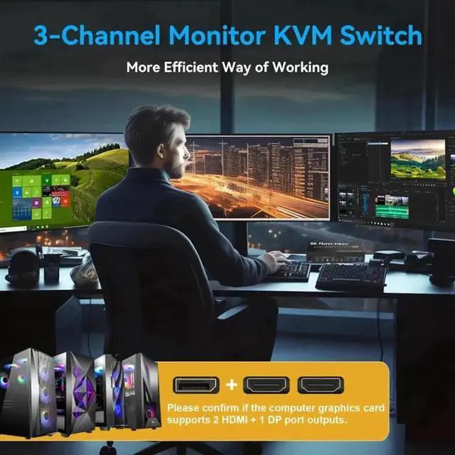 Alt view image 2 of 7 - KVM Switch 3 Monitors 4 Computers 8K@60Hz 4K@144Hz, 2 HDMI +1 DisplayPort Triple Monitor USB 3.0 KVM Switch for 4 PC with Audio and 3 USB 3.0 Ports, KVM Triple Monitor Keyboard Mouse Switcher