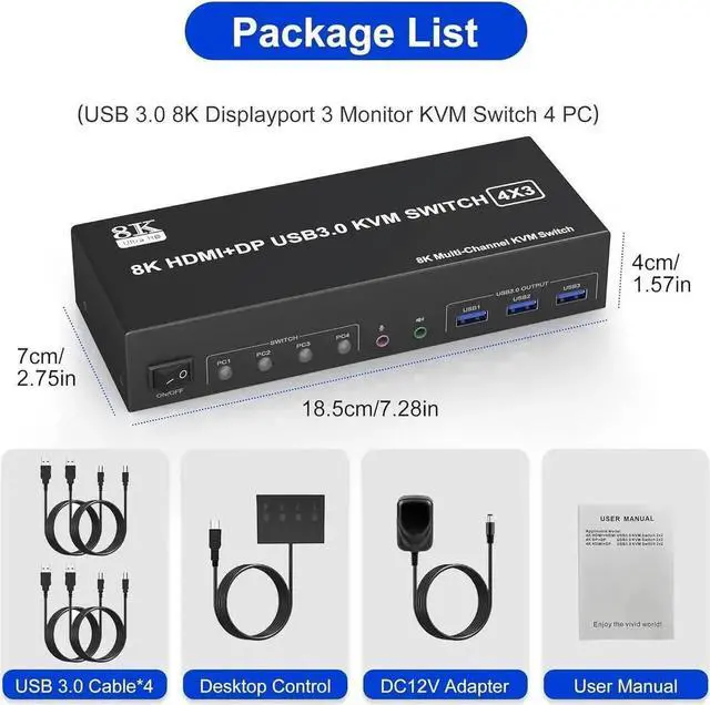 Alt view image 7 of 7 - KVM Switch 3 Monitors 4 Computers 8K@60Hz 4K@144Hz, 2 HDMI +1 DisplayPort Triple Monitor USB 3.0 KVM Switch for 4 PC with Audio and 3 USB 3.0 Ports, KVM Triple Monitor Keyboard Mouse Switcher