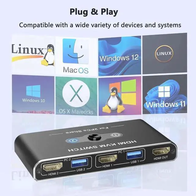 Alt view image 5 of 7 - 2 Port HDMI KVM Switch 4K@60Hz, KVM Switches with 4 USB 3.0 Data Ports, HDMI KVM Switch 2 PC 1 Monitor Share Mouse, Keyboard, Printer, Include 2 HD-MI cables, 2 USB-A cable, 1 USB-C Cable