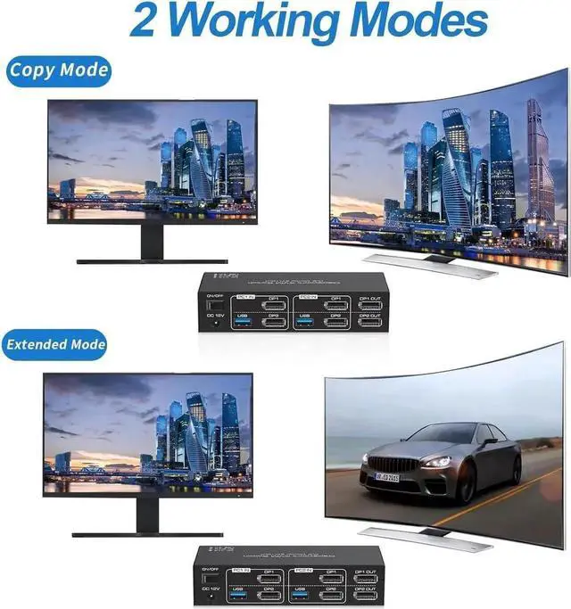Alt view image 6 of 7 - USB 3.0 Displayport KVM Switch 2 Monitors 2 Computers 8K@60Hz 4K@144Hz, Dual Monitor Displayport 1.4 KVM Switches with 4 USB 3.0 Ports, 2 in 2 Out DP USB 3.0 KVM Switch for 2 PCs 2 Monitors