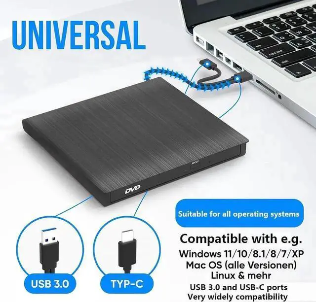 Main image of External CD DVD Drive, Type-C & USB 3.0 Portable Optical CD/DVD Drive, CD DVD Player RW Writer External CD DVD Burner Reader for Laptop, Desktop, PC, MacOS, Windows 11/10 / 8/7 / XP/Linux/Vista